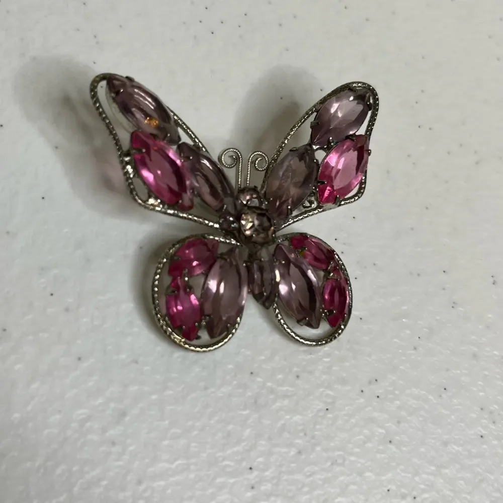 Vintage Butterfly Pin Brooch Silvertone Pink Purple Crystals Costume Jewelry
